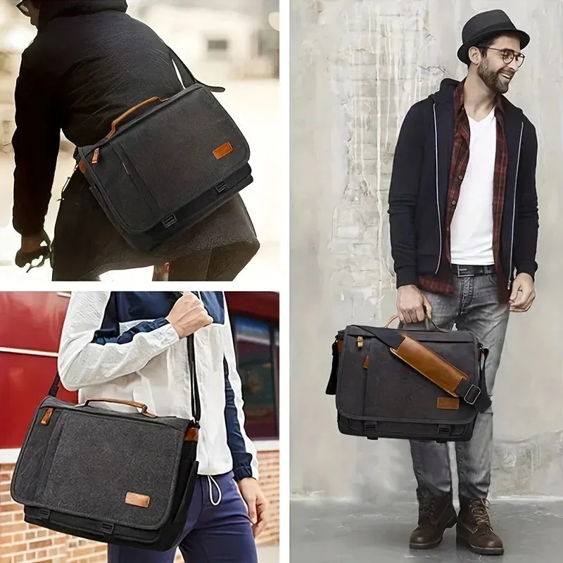 Elegance WorkSmart Messenger Leather Men's Crossbody Briefcase Canvas Splashproof Workwear Messenger Bag Computer Tote