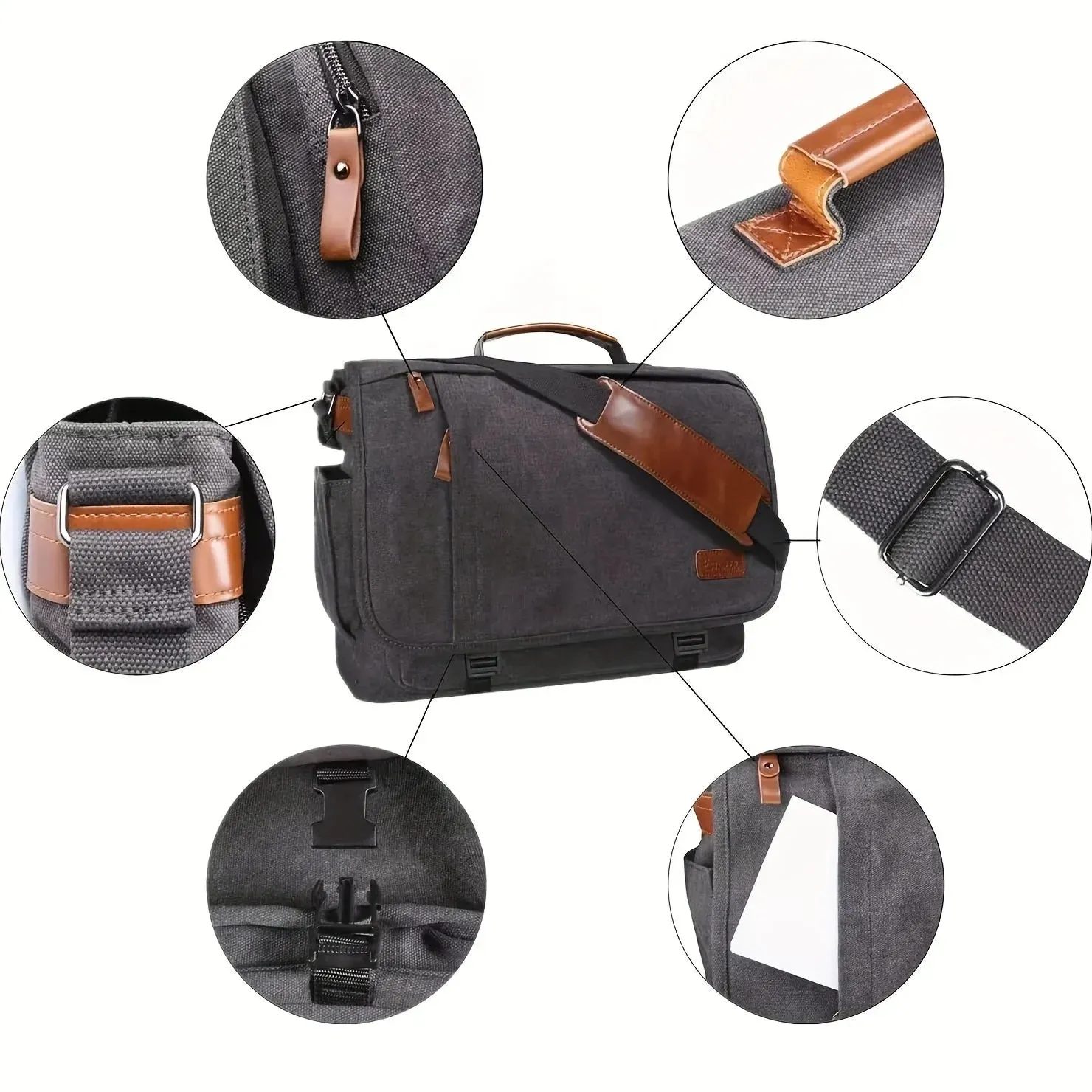 Elegance WorkSmart Messenger Leather Men's Crossbody Briefcase Canvas Splashproof Workwear Messenger Bag Computer Tote