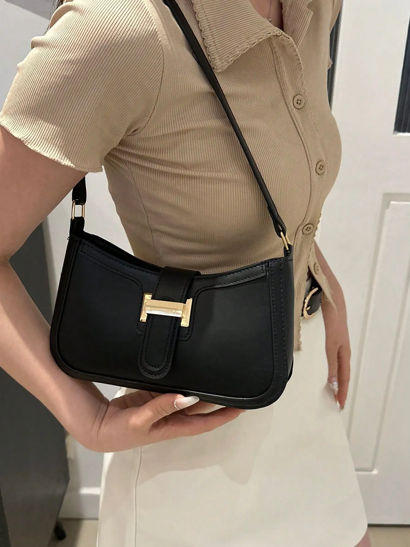Elegant Crescent-Shaped Shoulder Bag - Black- FD ⚡
