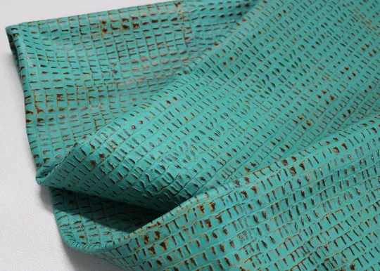 Embossed Leather Green Turquoise Ochre Caiman: Genuine Leather 2.5-3 oz. - Perfect for Handbags and Leather Crafts!