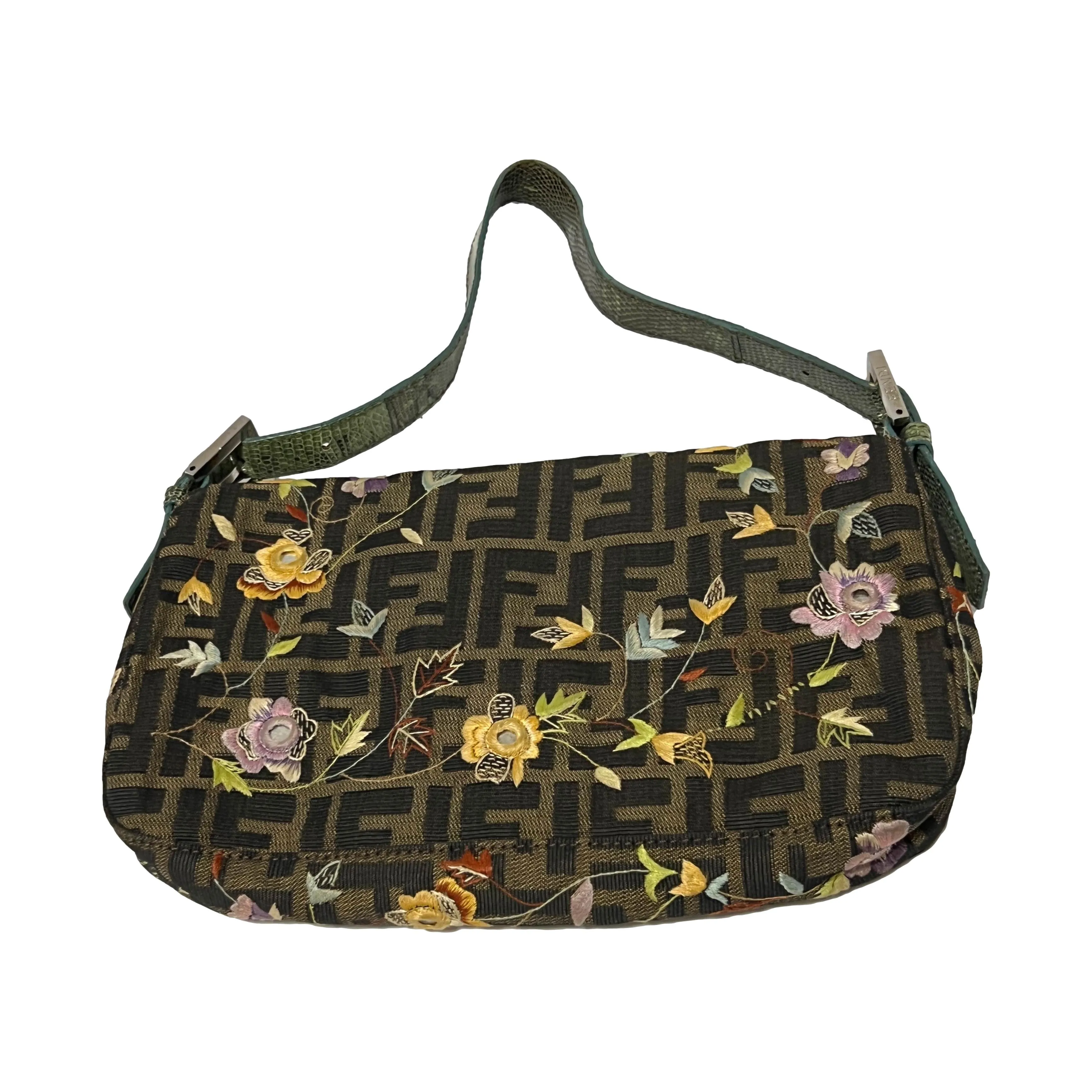 Fendi Brown Logo Floral Embroidered Baguette