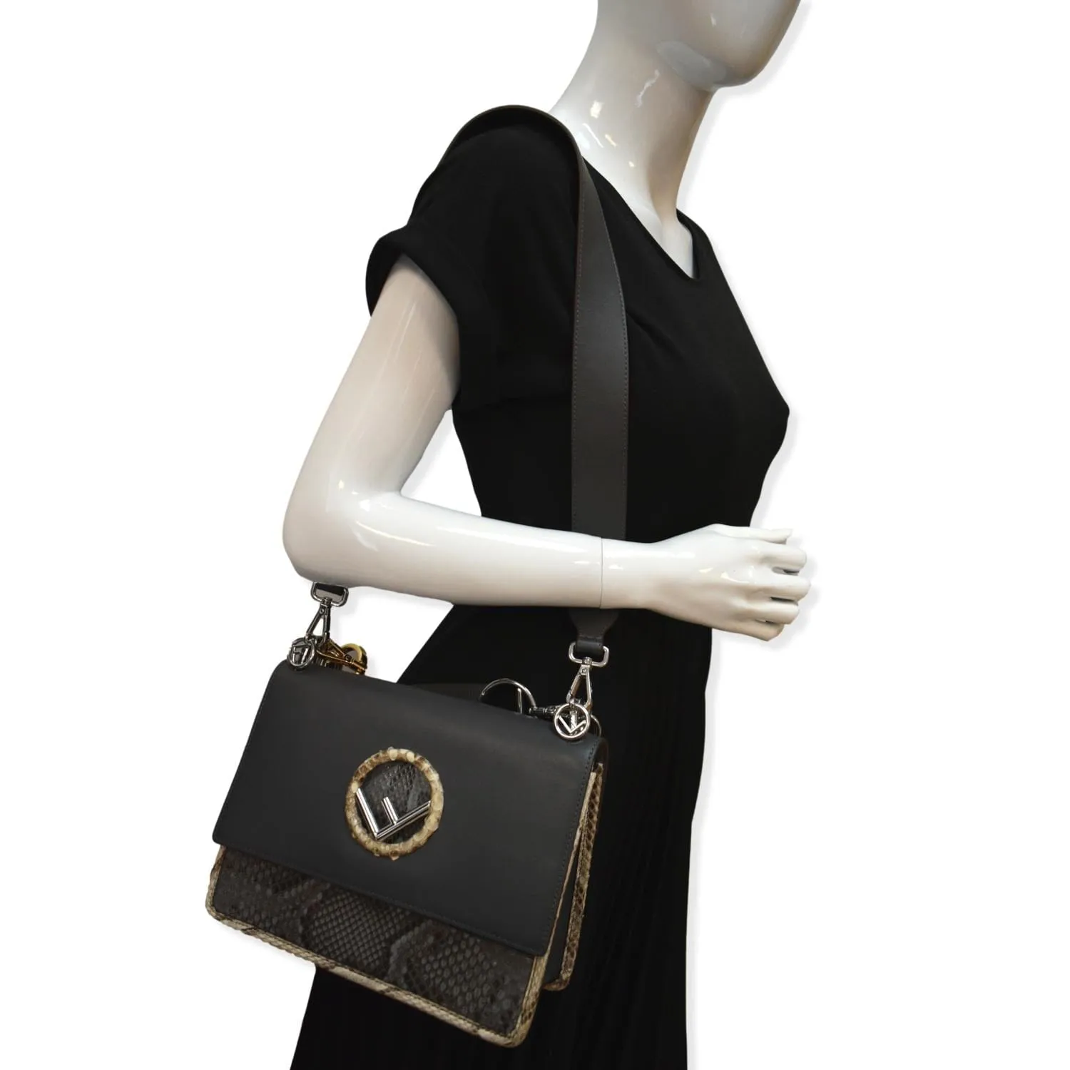 FENDI Kan I F Logo Python Leather Shoulder Bag Black