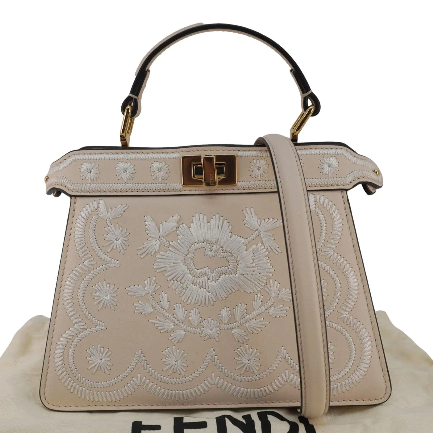 FENDI Peekaboo Vitello Seta Nappa Floral Embroidered Leather Tote Bag Camelia