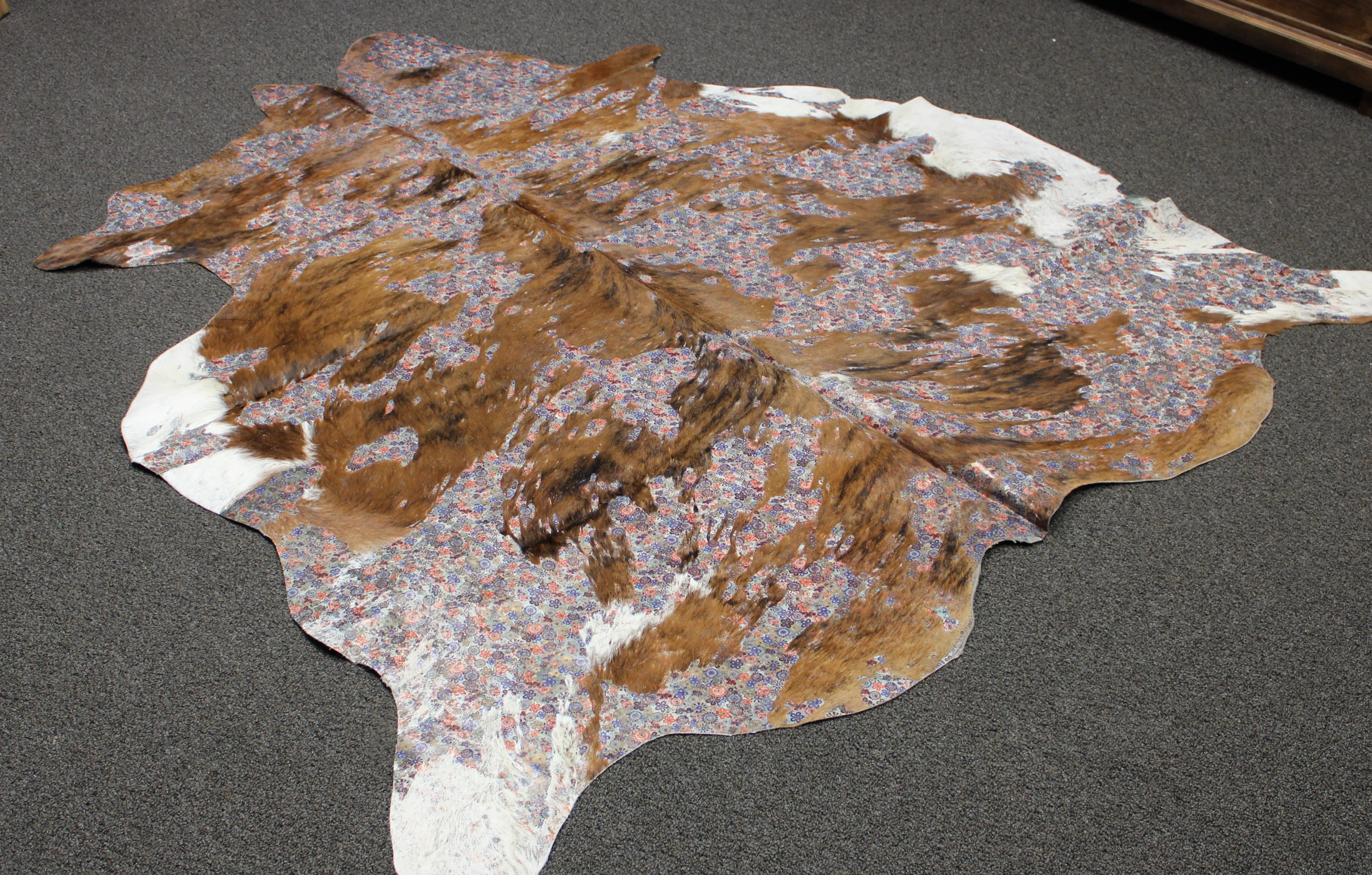 Flowers Print on Brown & White COWHIDE -76x67 INCHES - Premium Cowhide