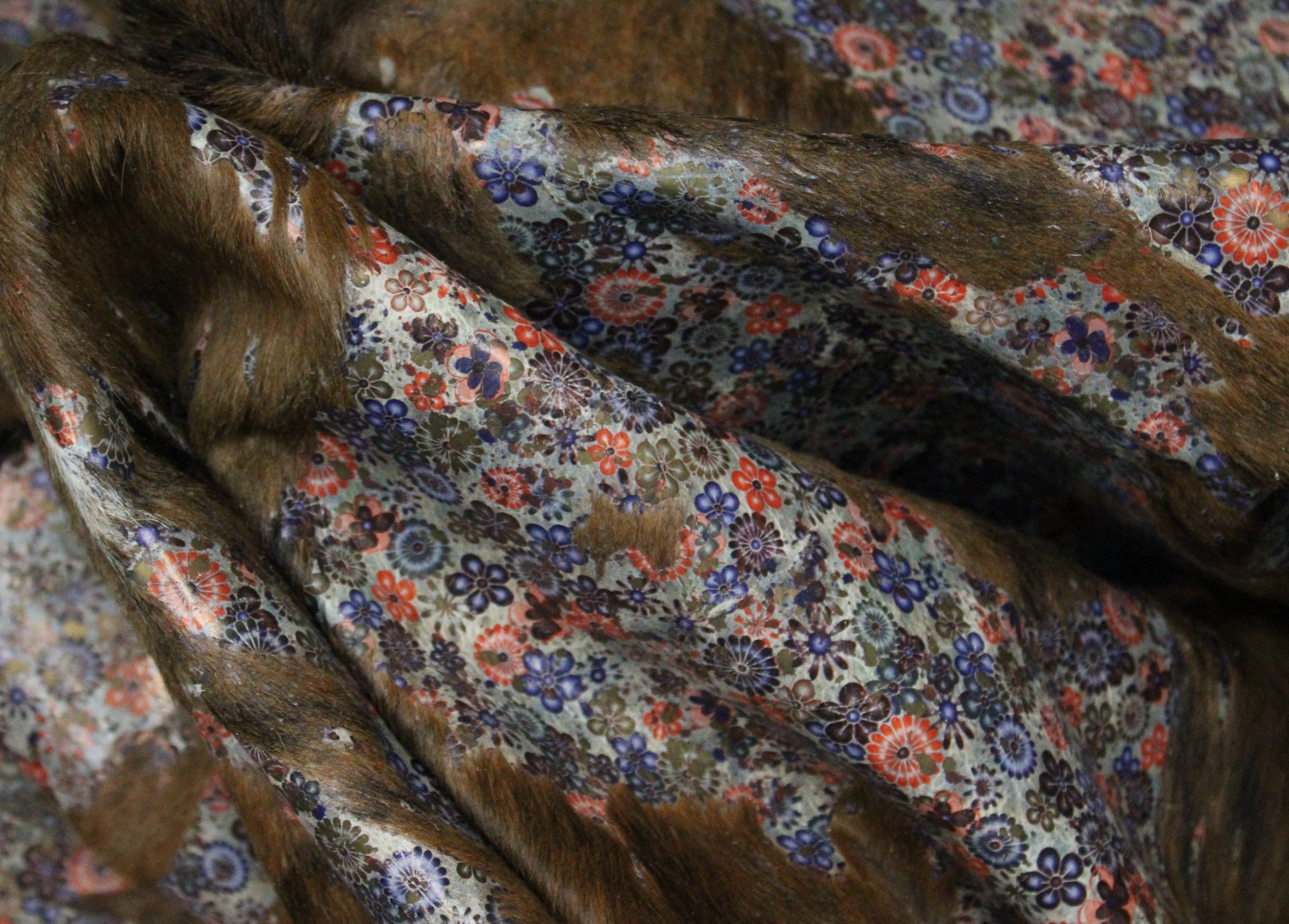 Flowers Print on Brown & White COWHIDE -76x67 INCHES - Premium Cowhide