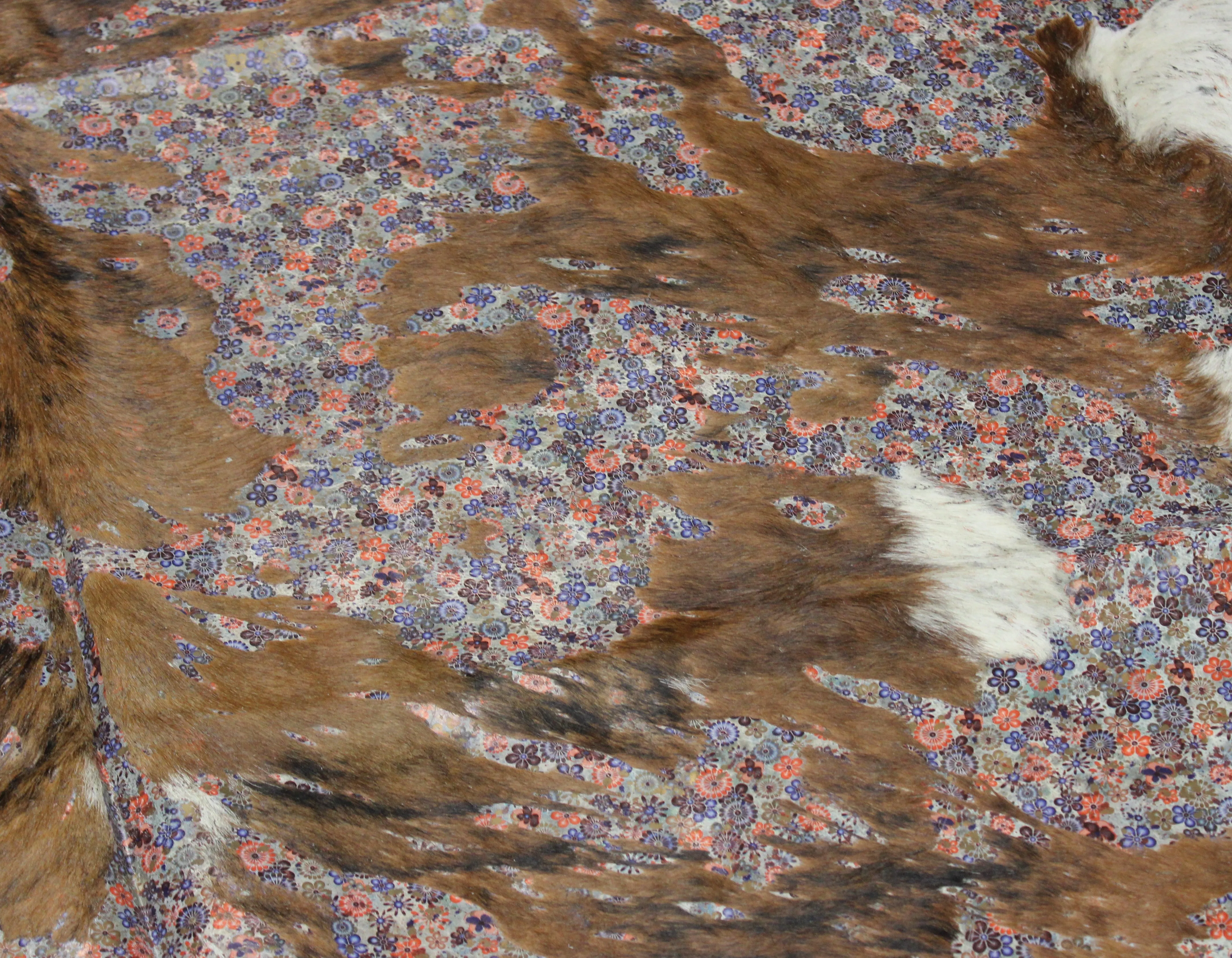 Flowers Print on Brown & White COWHIDE -76x67 INCHES - Premium Cowhide