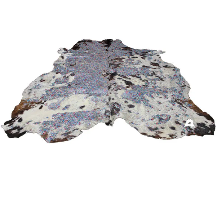 Flowers Print  on  Tricolor  COWHIDE - 80 x 78 INCHES - Premium Cowhide Leather