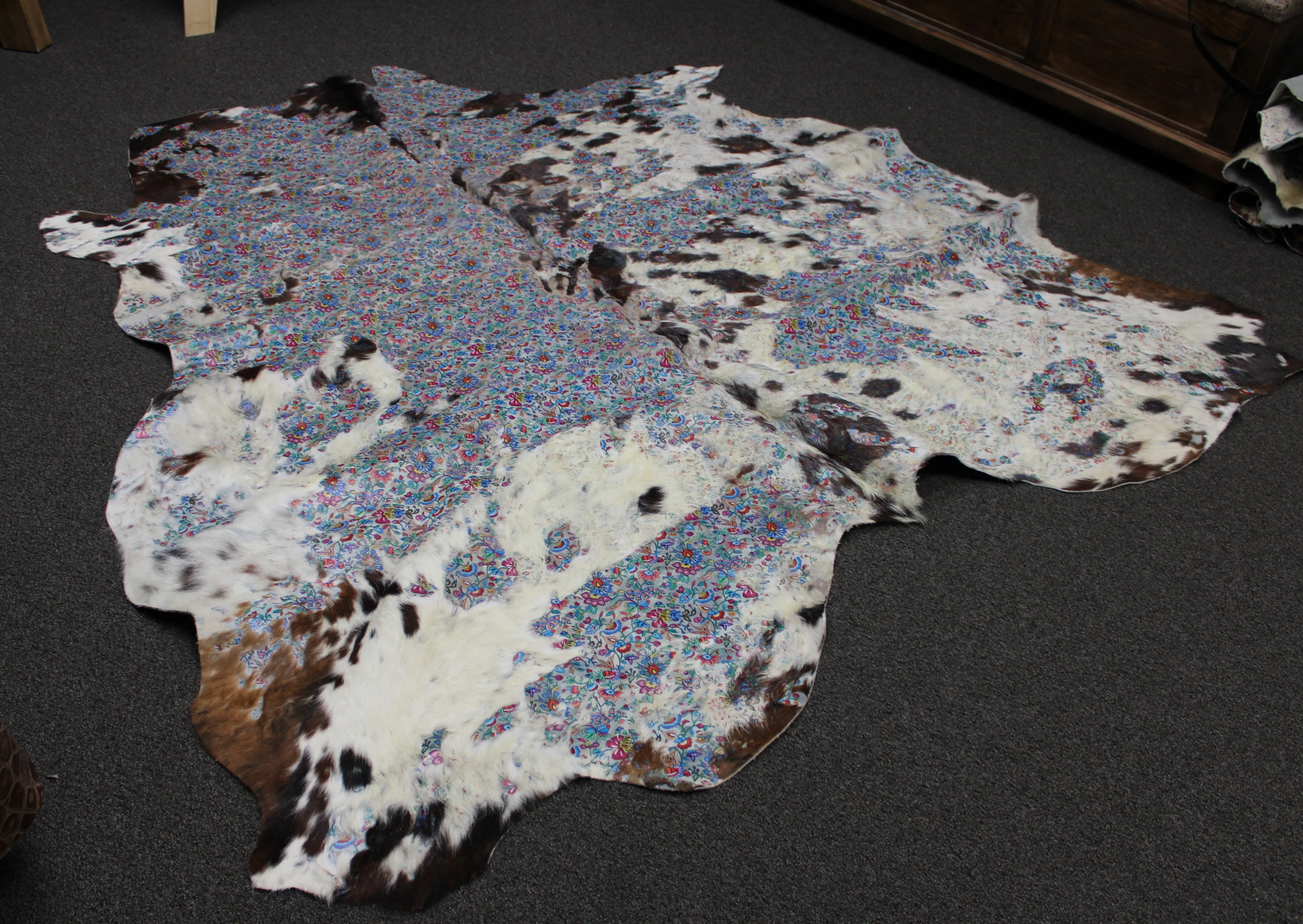 Flowers Print  on  Tricolor  COWHIDE - 80 x 78 INCHES - Premium Cowhide Leather