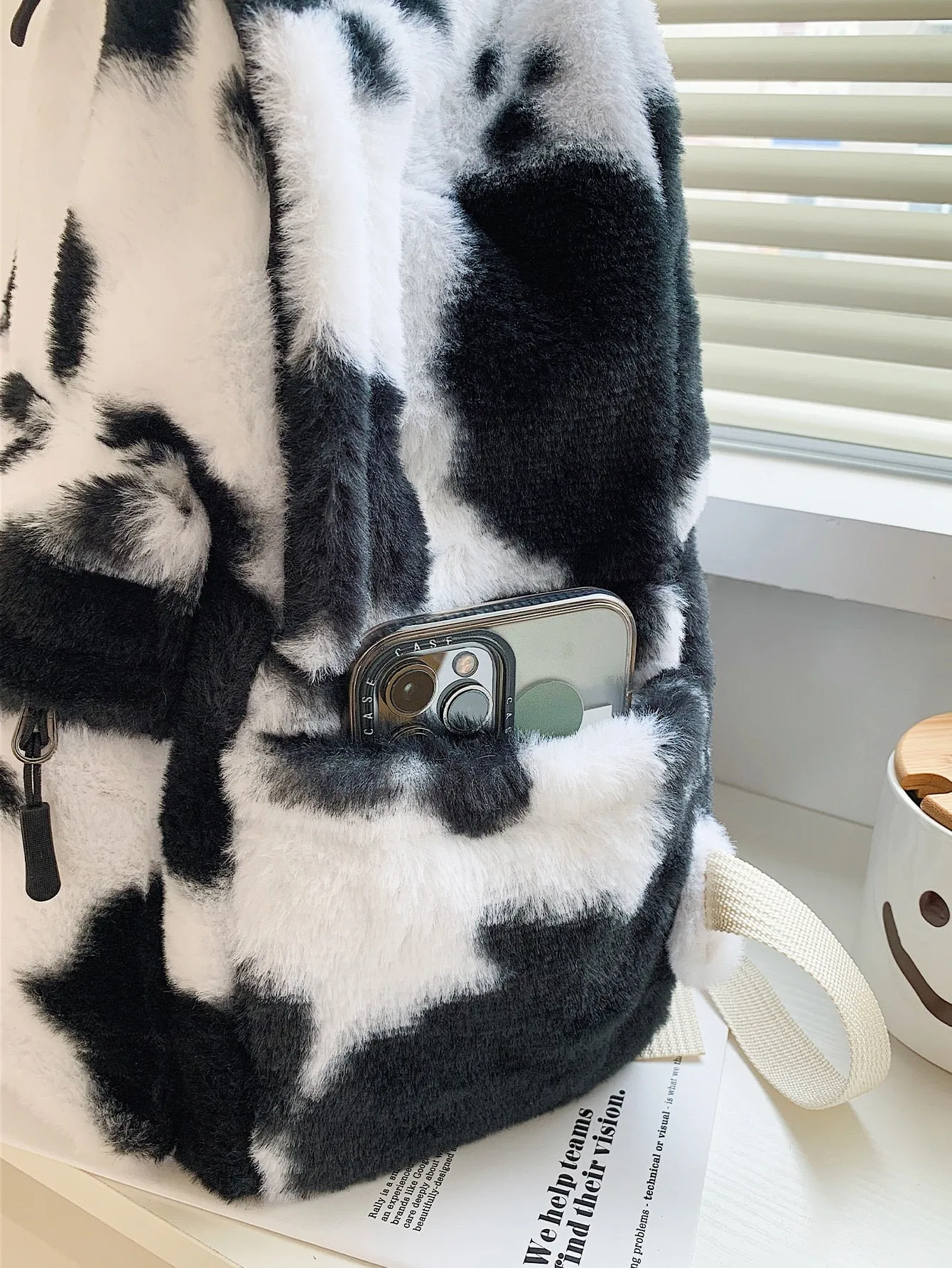 Fluffy Cow Print Backpack - Black and White