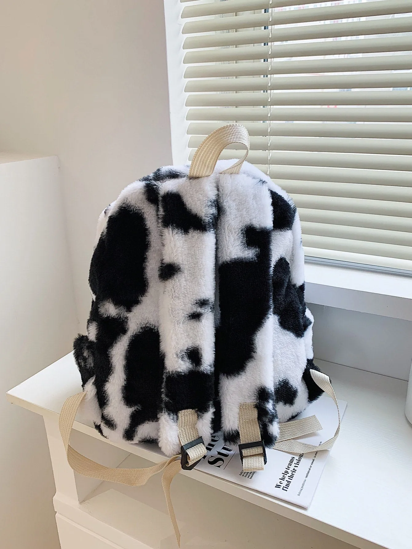 Fluffy Cow Print Backpack - Black and White