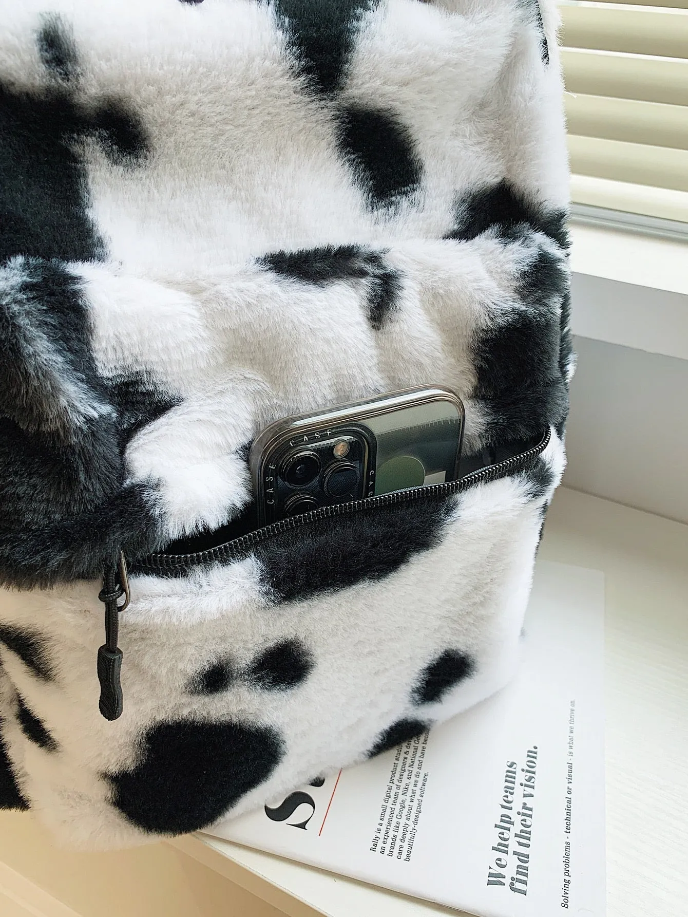 Fluffy Cow Print Backpack - Black and White