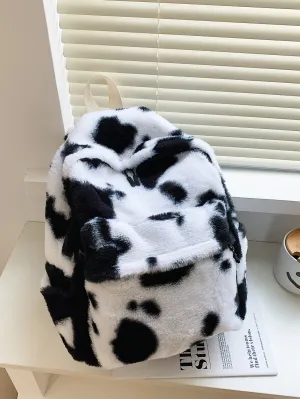 Fluffy Cow Print Backpack - Black and White