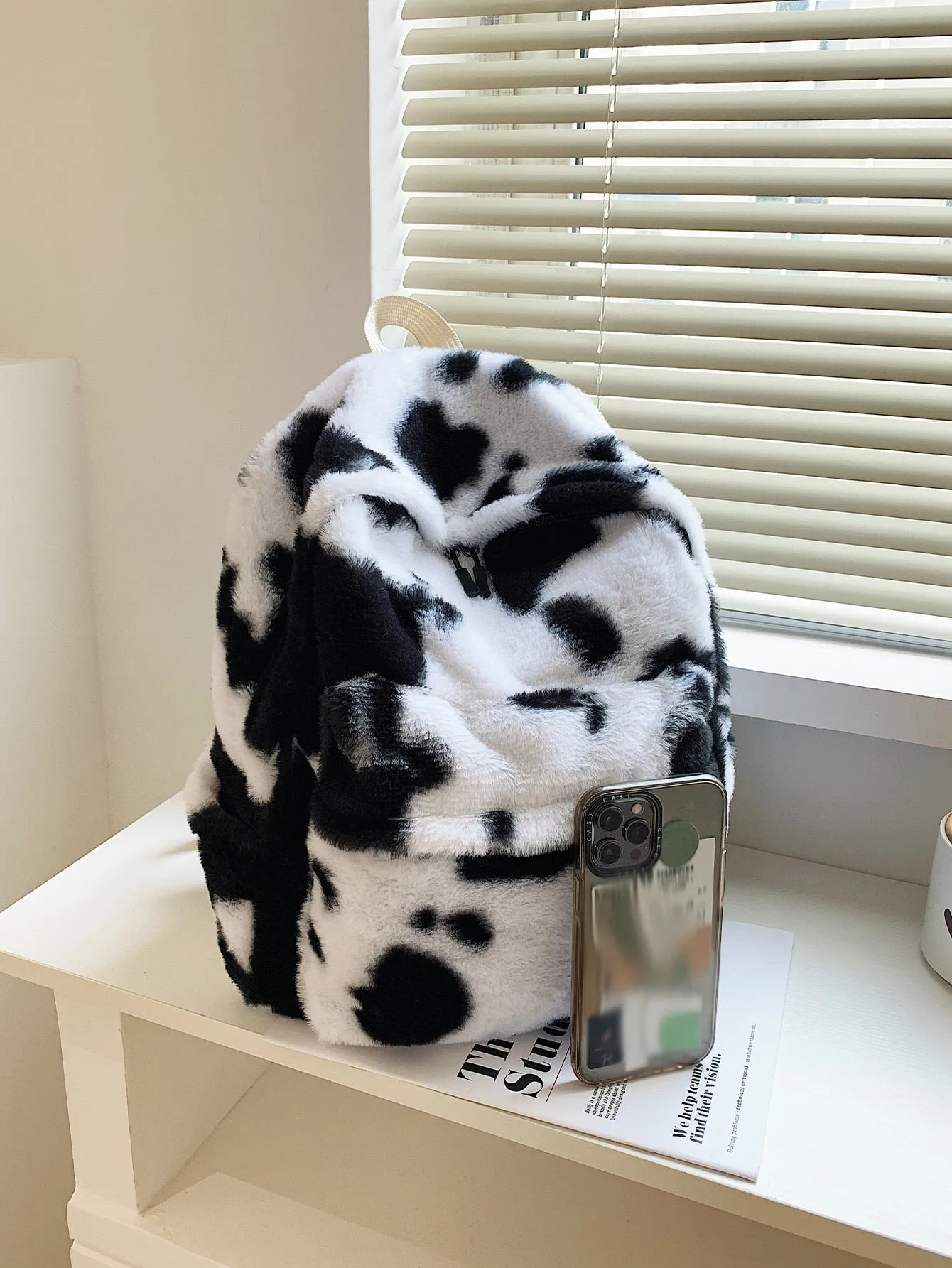 Fluffy Cow Print Backpack - Black and White