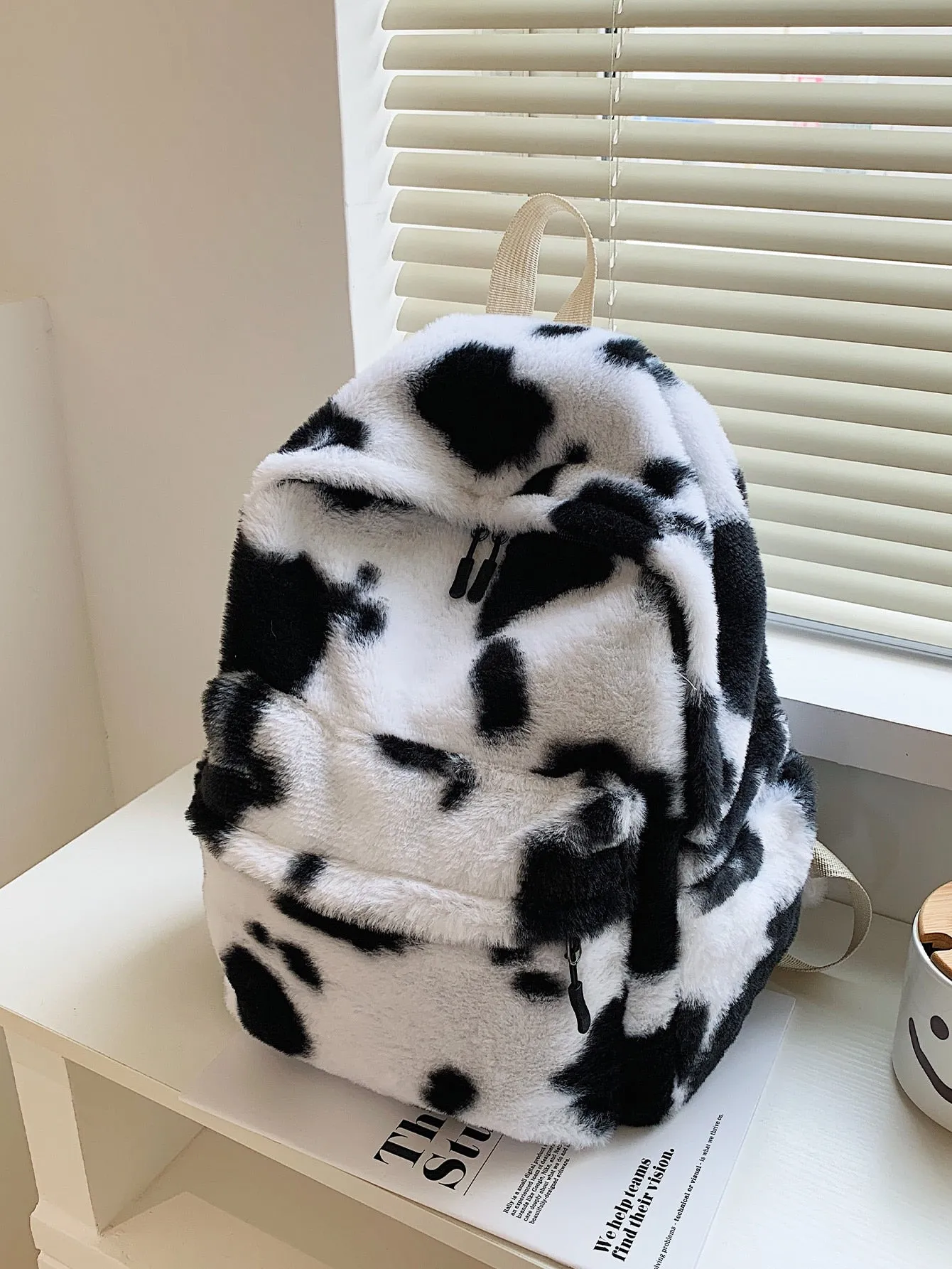 Fluffy Cow Print Backpack - Black and White