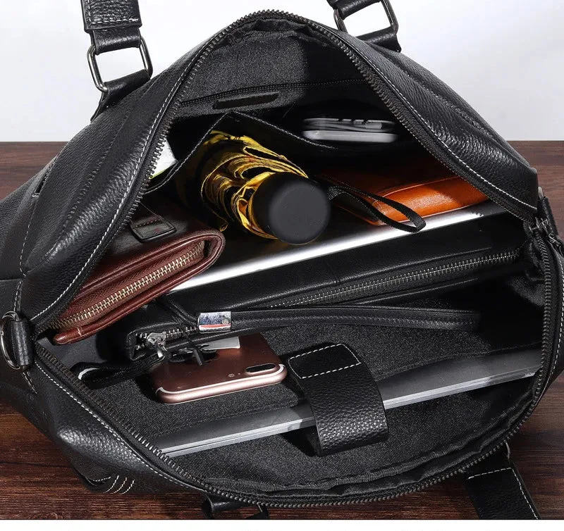Genuine Leather Men's Briefcase Black Shoulder Laptop Bag