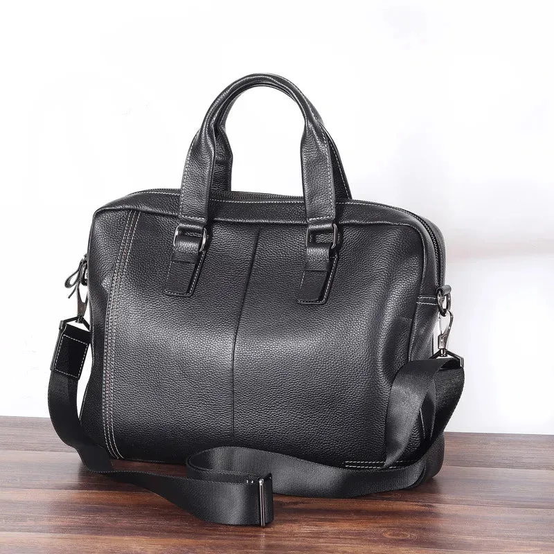 Genuine Leather Men's Briefcase Black Shoulder Laptop Bag