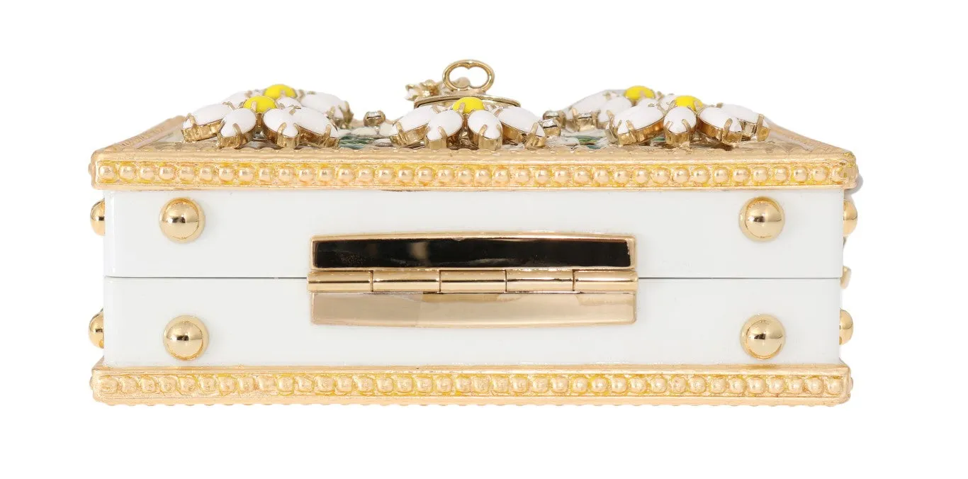 Gold Daisy Crystal White Leather Bag