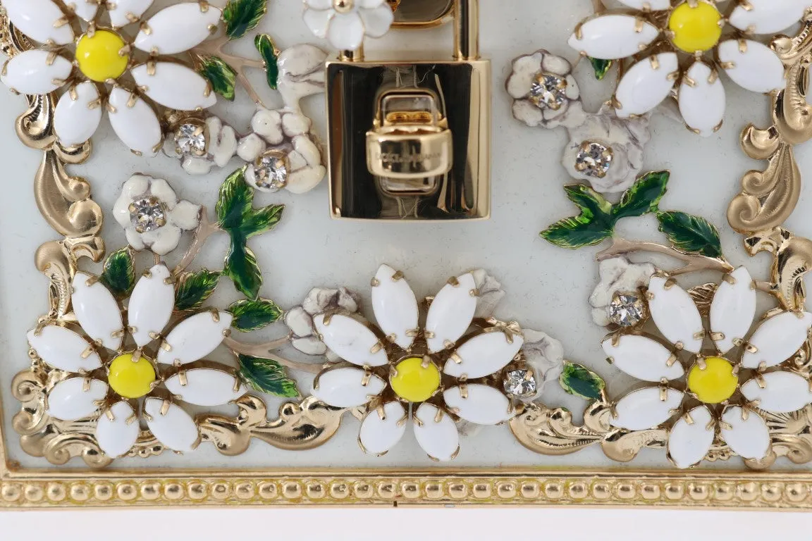 Gold Daisy Crystal White Leather Bag