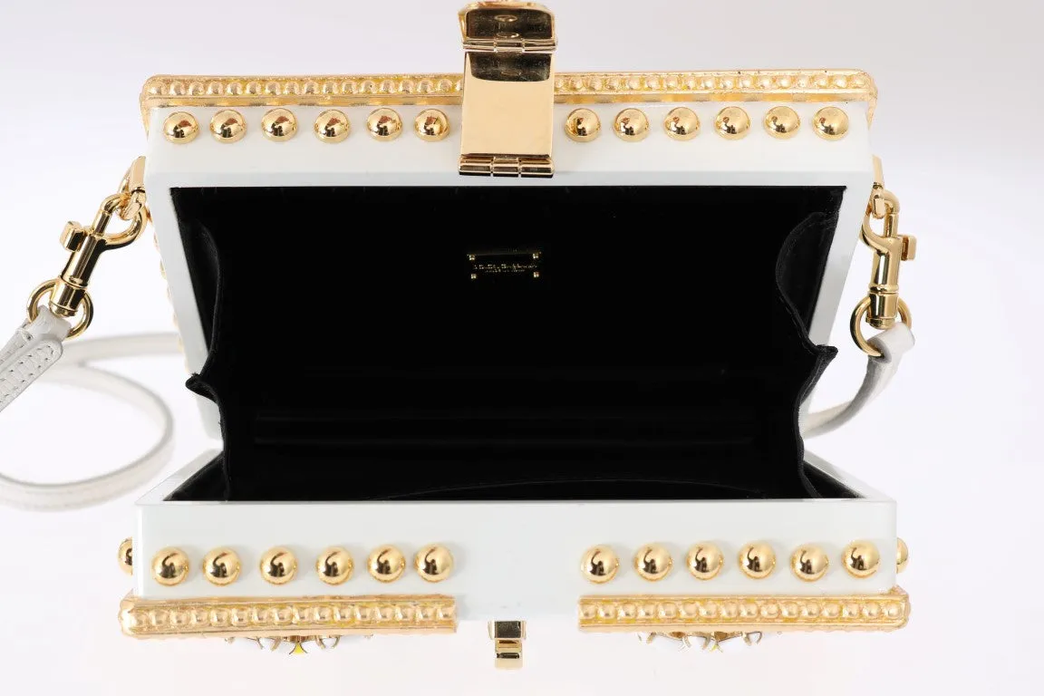 Gold Daisy Crystal White Leather Bag