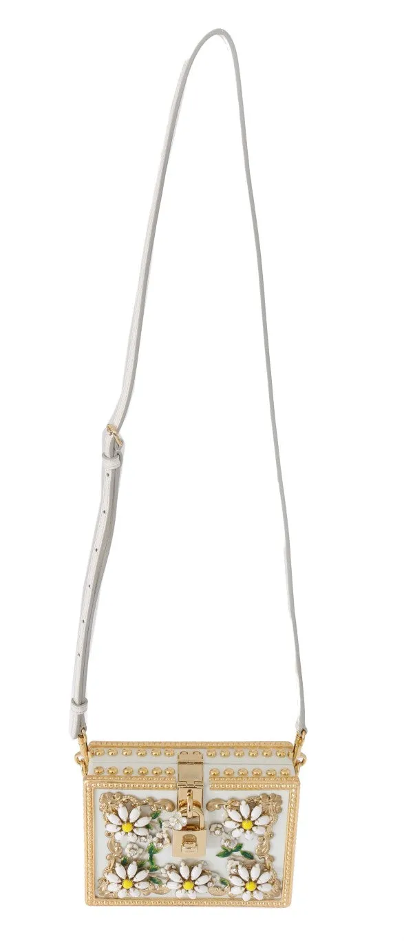 Gold Daisy Crystal White Leather Bag