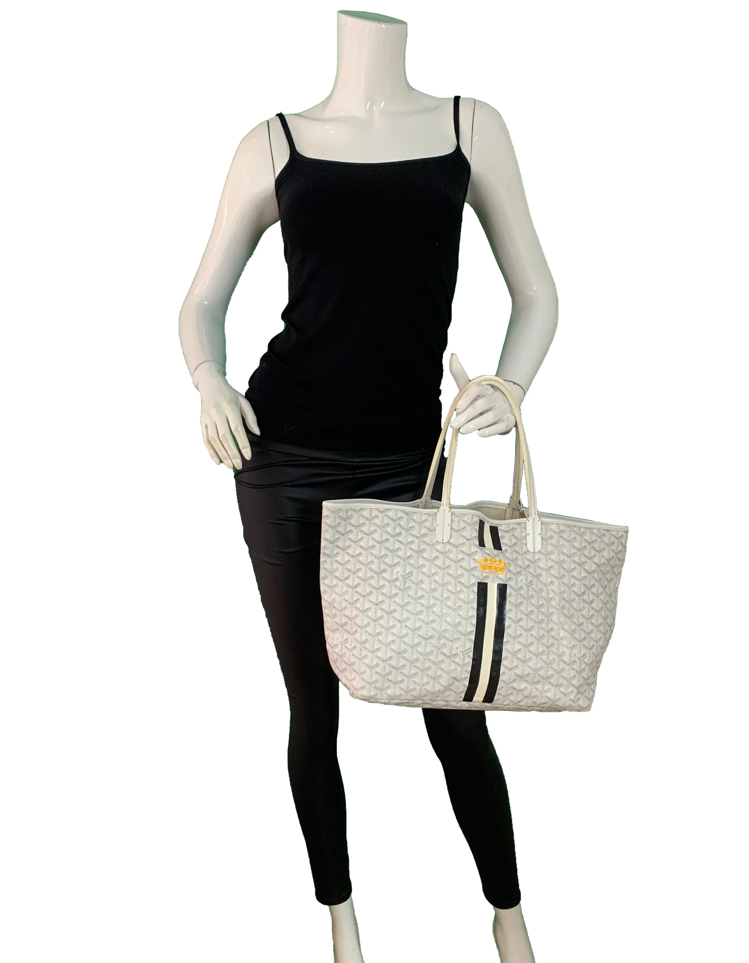 Goyard COLLECTORS White Goyardine Saint Louis PM Tote w/ Stripe & Crown