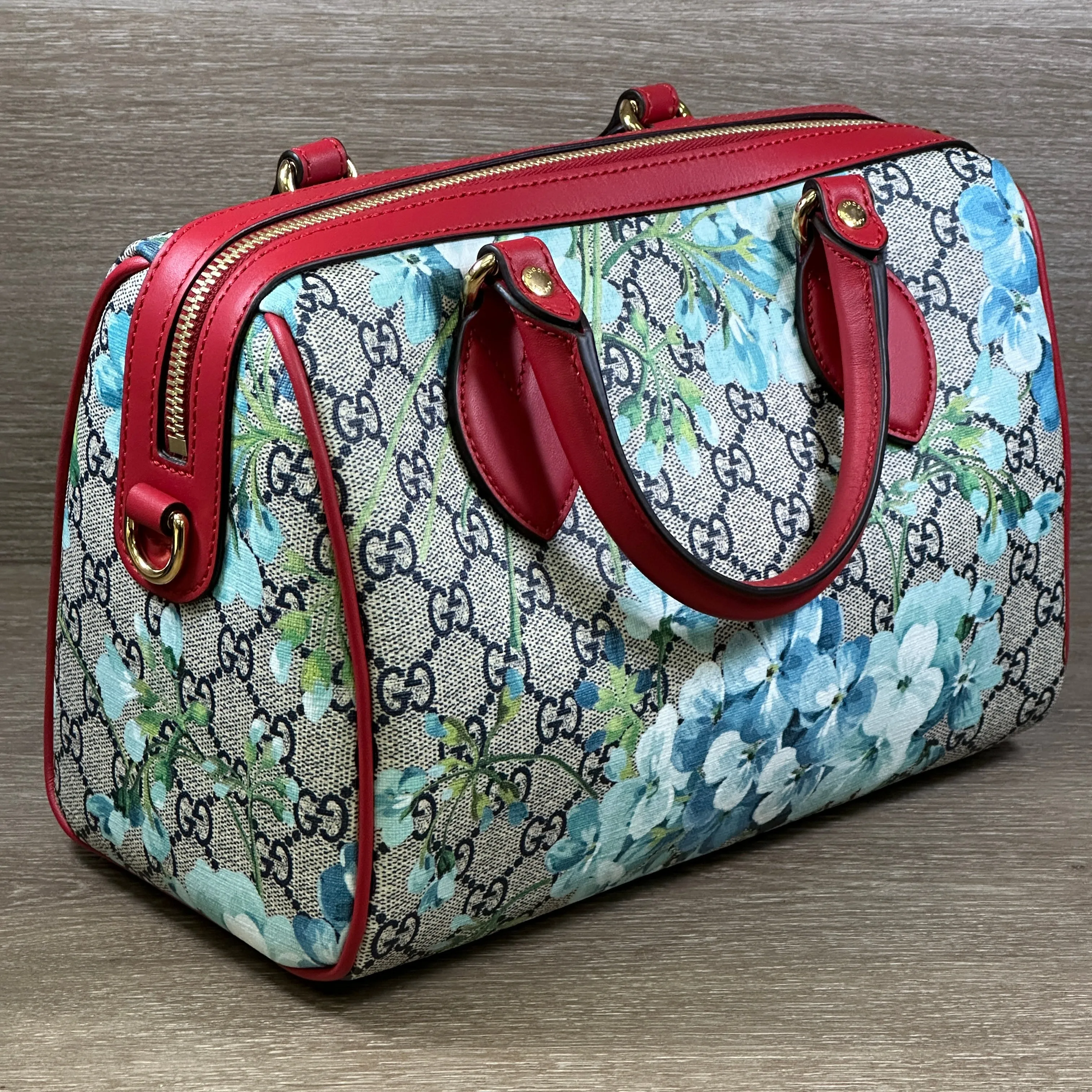 Gucci Blue Bloom GG Coated Canvas Small Boston Bag