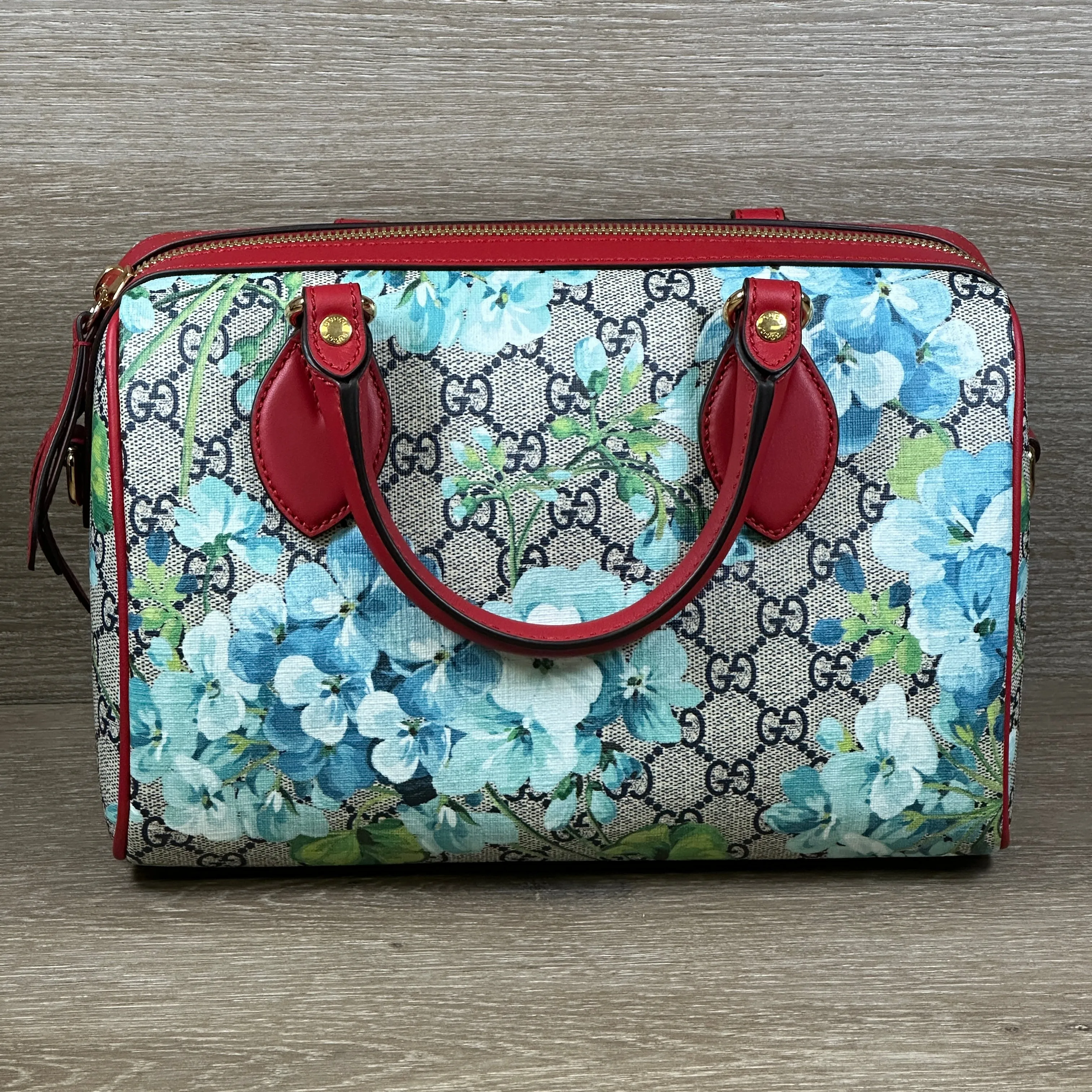 Gucci Blue Bloom GG Coated Canvas Small Boston Bag