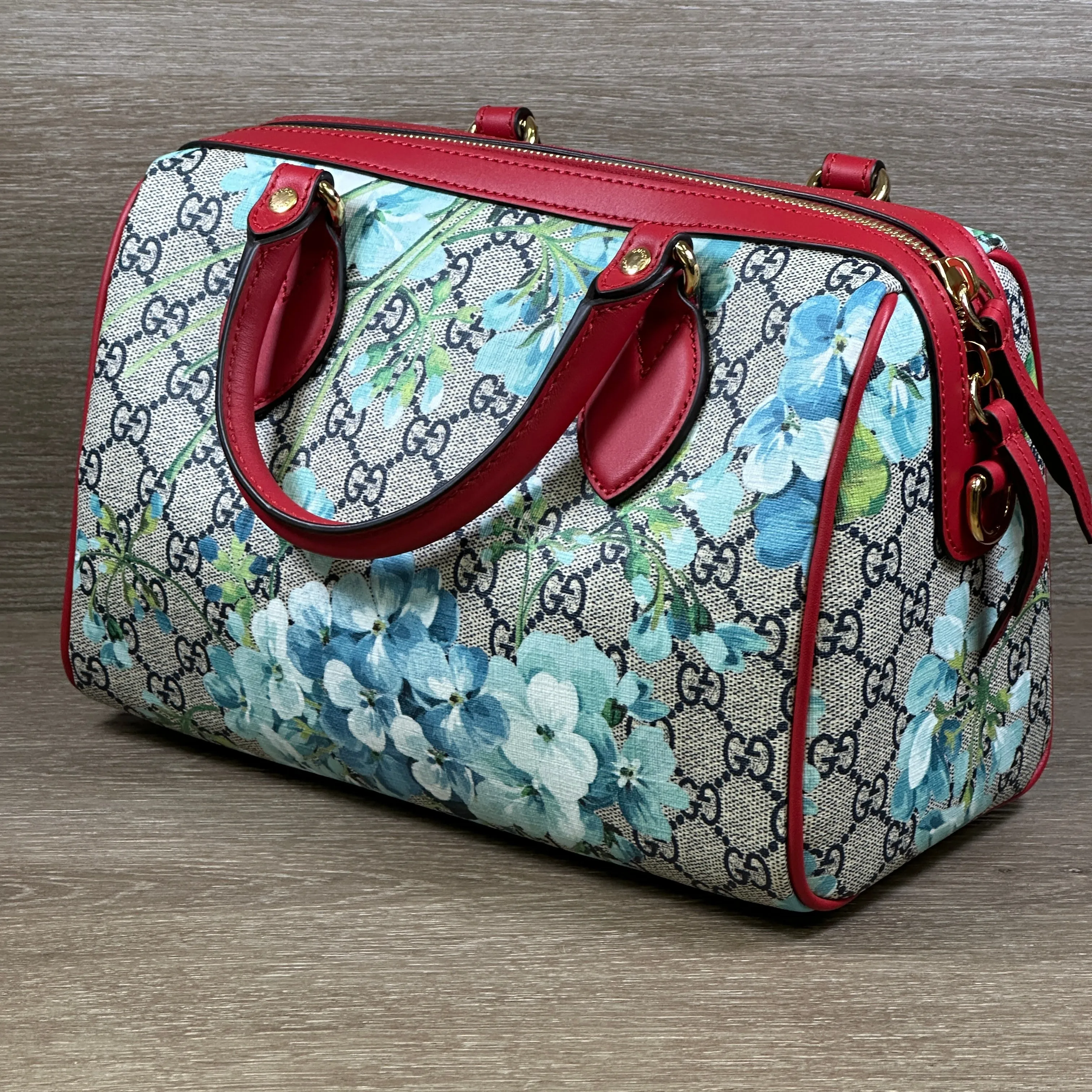 Gucci Blue Bloom GG Coated Canvas Small Boston Bag