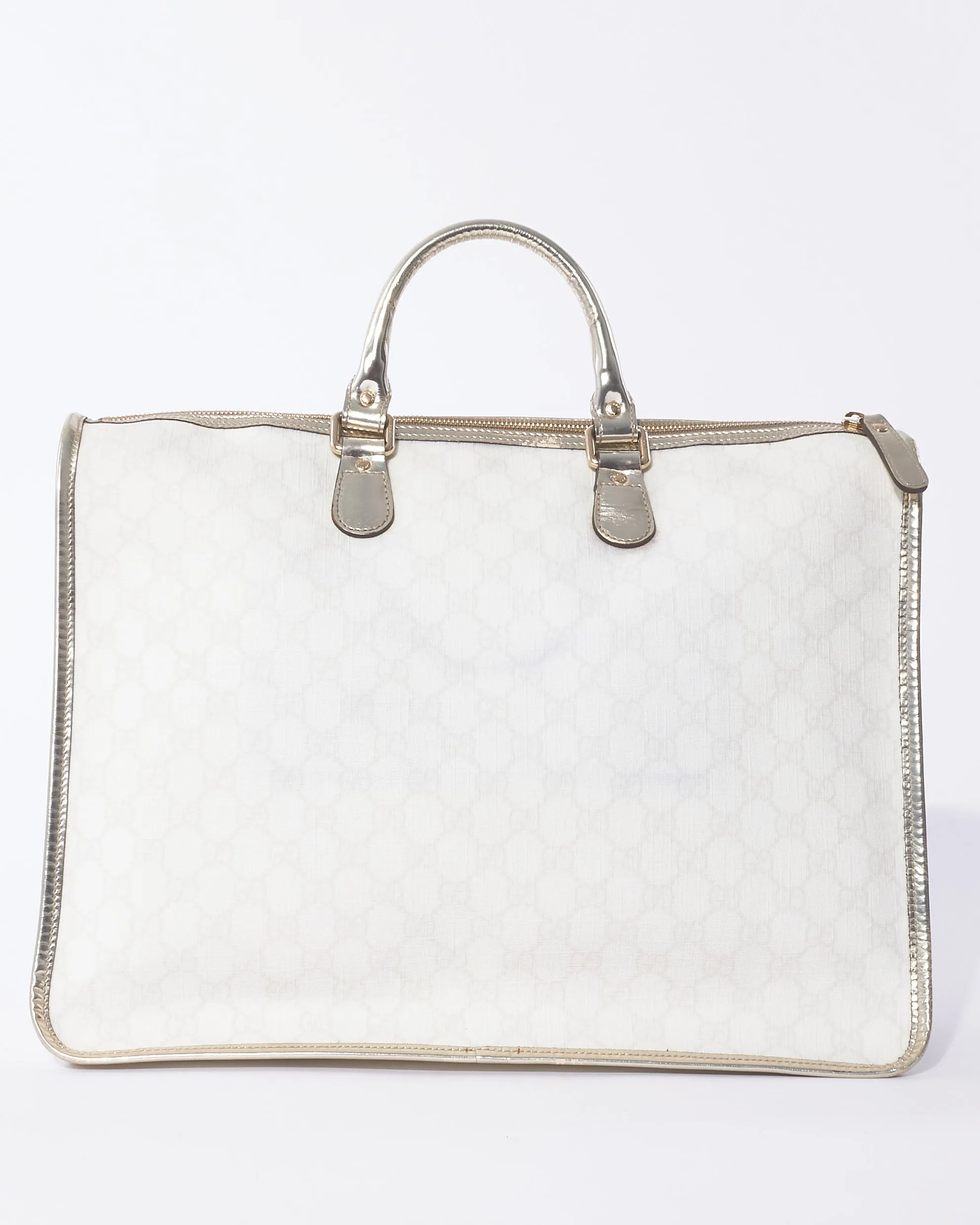 Gucci White Monogram GG Supreme Canvas & Silver Trim Top Handle Bag
