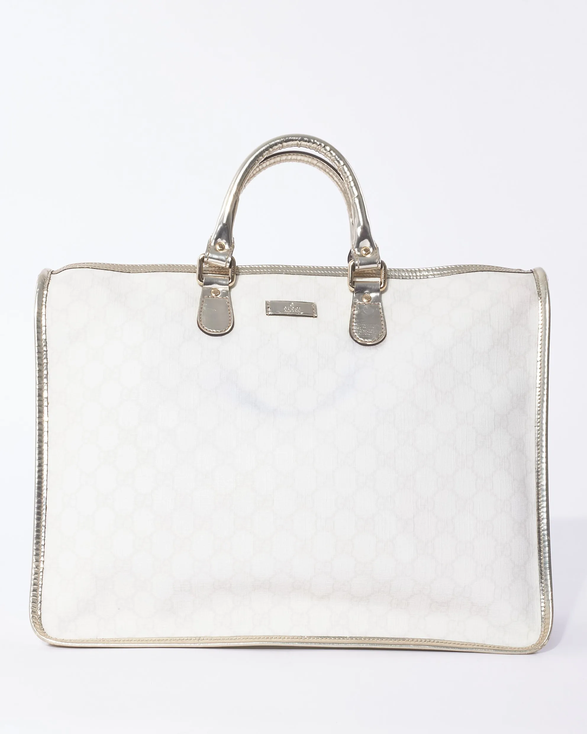 Gucci White Monogram GG Supreme Canvas & Silver Trim Top Handle Bag