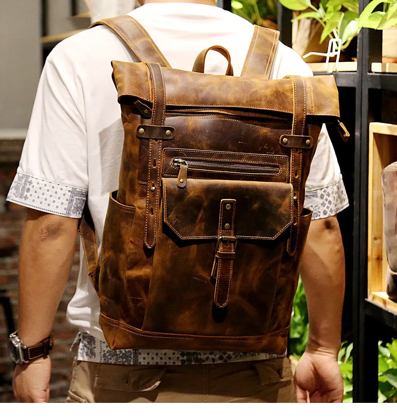 Handmade Vintage Roll-Top Leather Laptop Backpack