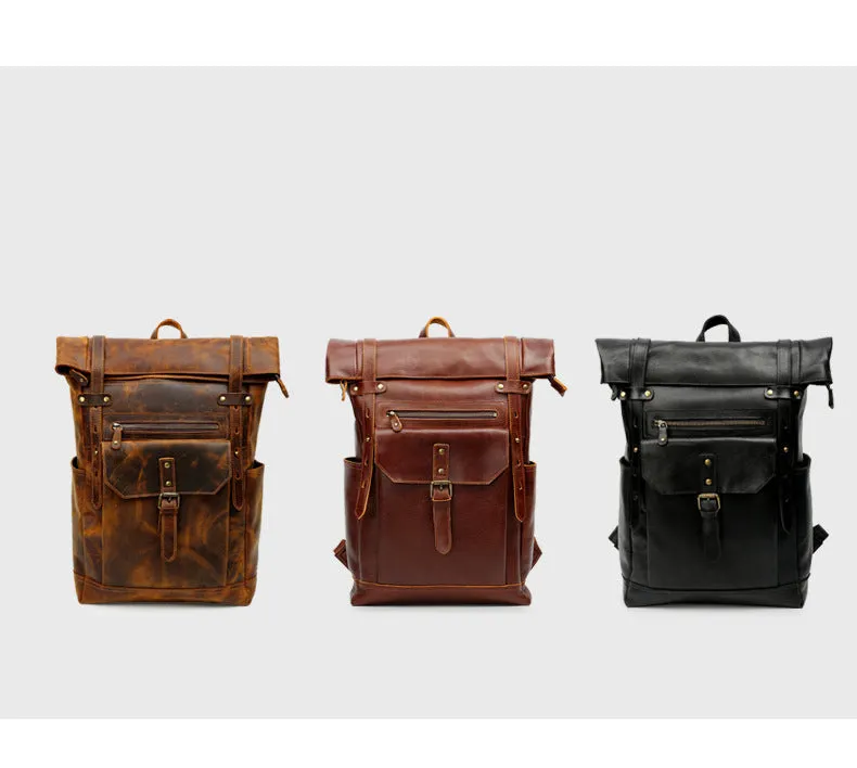 Handmade Vintage Roll-Top Leather Laptop Backpack