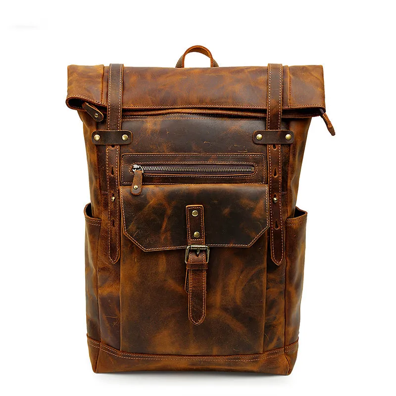 Handmade Vintage Roll-Top Leather Laptop Backpack