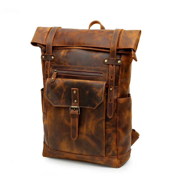 Handmade Vintage Roll-Top Leather Laptop Backpack