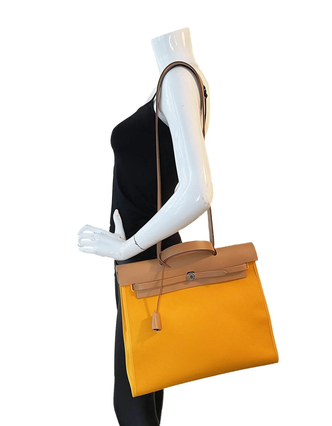 Hermes Jeune D'Or Yellow Leather & Canvas Toile Herbag Zip 39 Bag