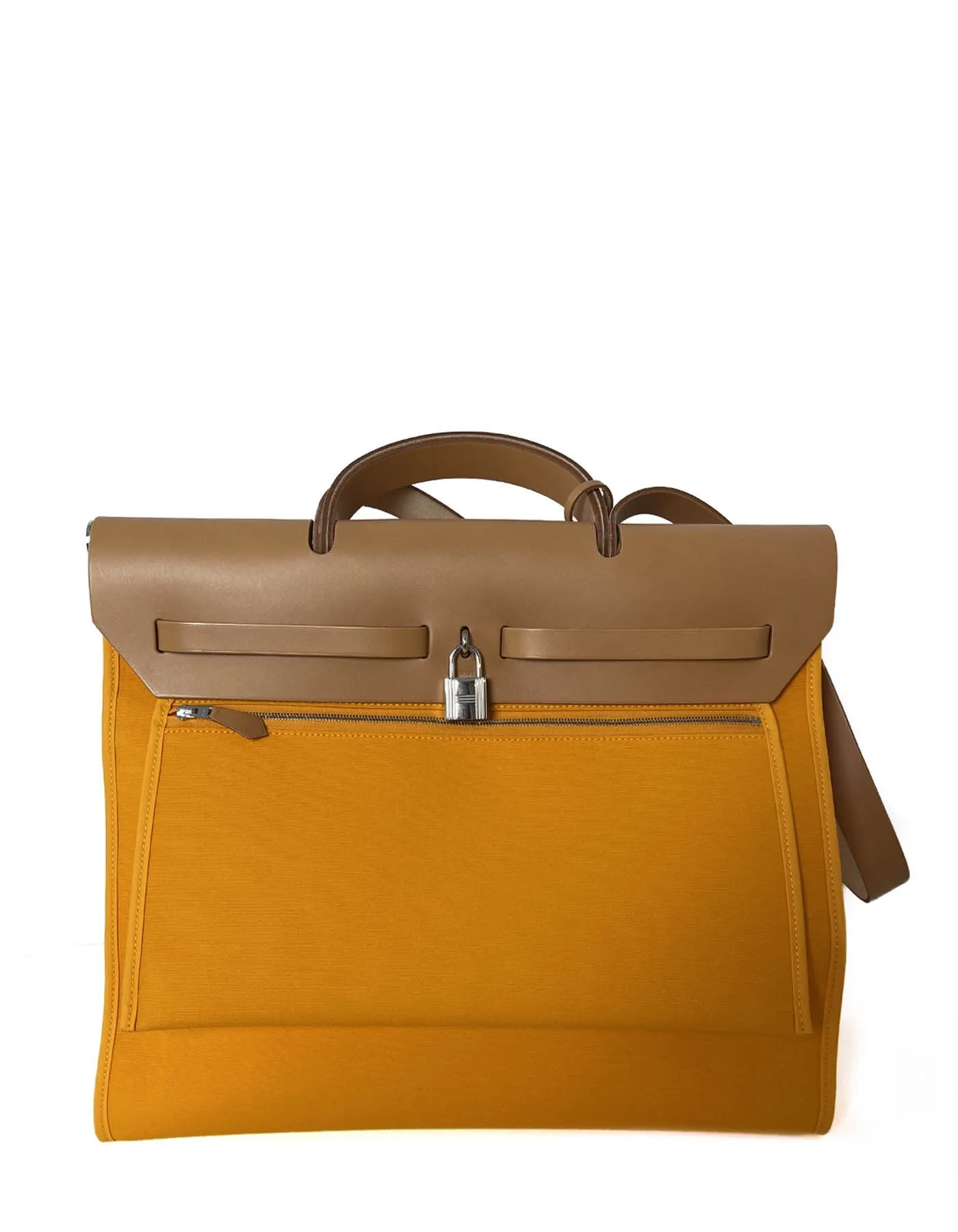 Hermes Jeune D'Or Yellow Leather & Canvas Toile Herbag Zip 39 Bag