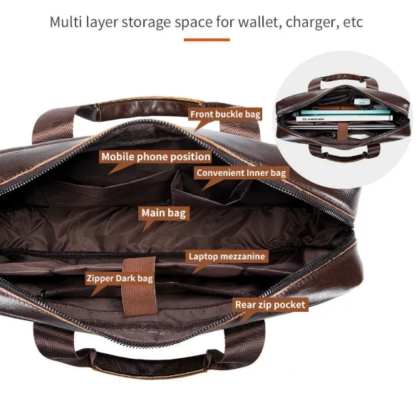 High Grade Men's Briefcase Bag Top Cowhide Leather Handcrafted 14 inch Laptop bag with Multiple Compartments Business Shoulder Messenger bags