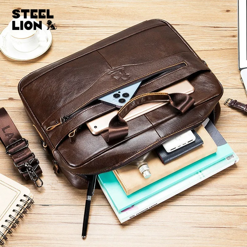 High Grade Men's Briefcase Bag Top Cowhide Leather Handcrafted 14 inch Laptop bag with Multiple Compartments Business Shoulder Messenger bags