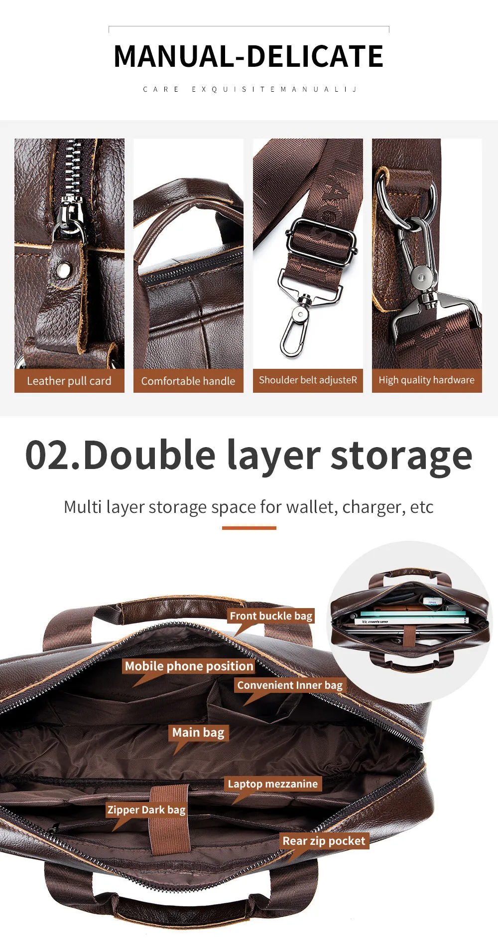 High Grade Men's Briefcase Bag Top Cowhide Leather Handcrafted 14 inch Laptop bag with Multiple Compartments Business Shoulder Messenger bags