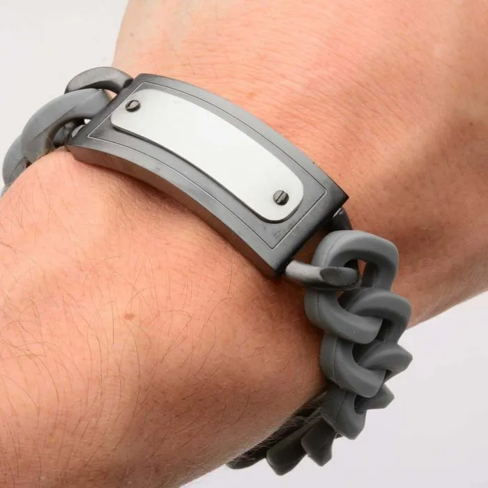 INOX Gray Silicone Curb Bracelet with Stainless Steel & Gun Metal Finish ID Style Buckle BRRARB19GY