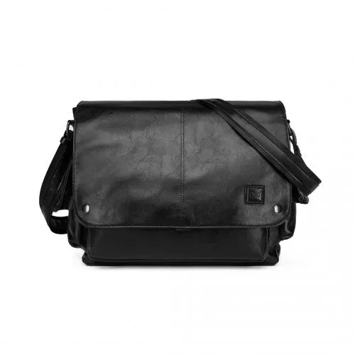 Kono Casual Leather Men's Large Capacity Shoulder Bag - Black