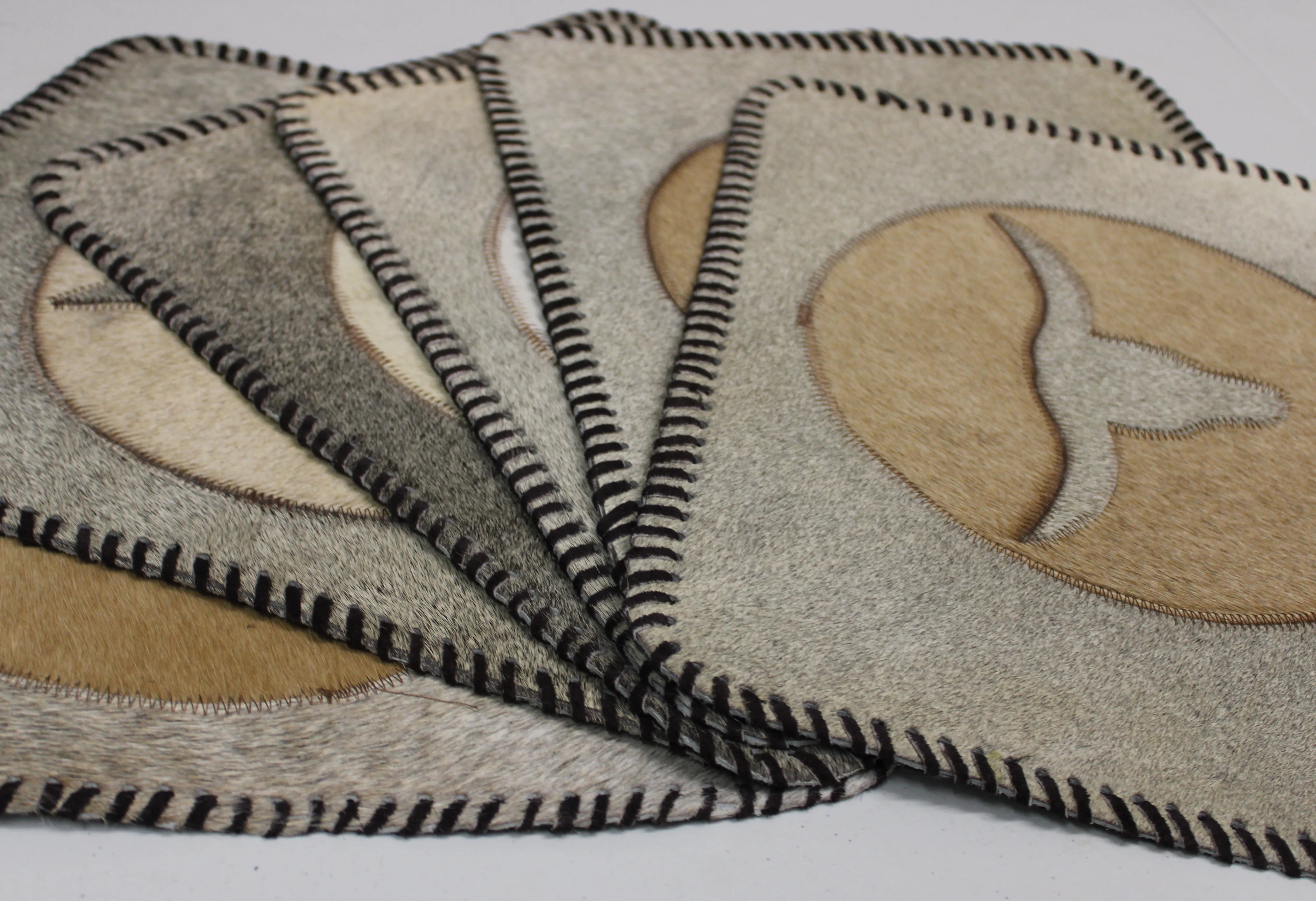 Light Gray & Tan Cowhide Placemats - Longhorn Design - 17"x14"- Single or in set of 2, 4 or 6
