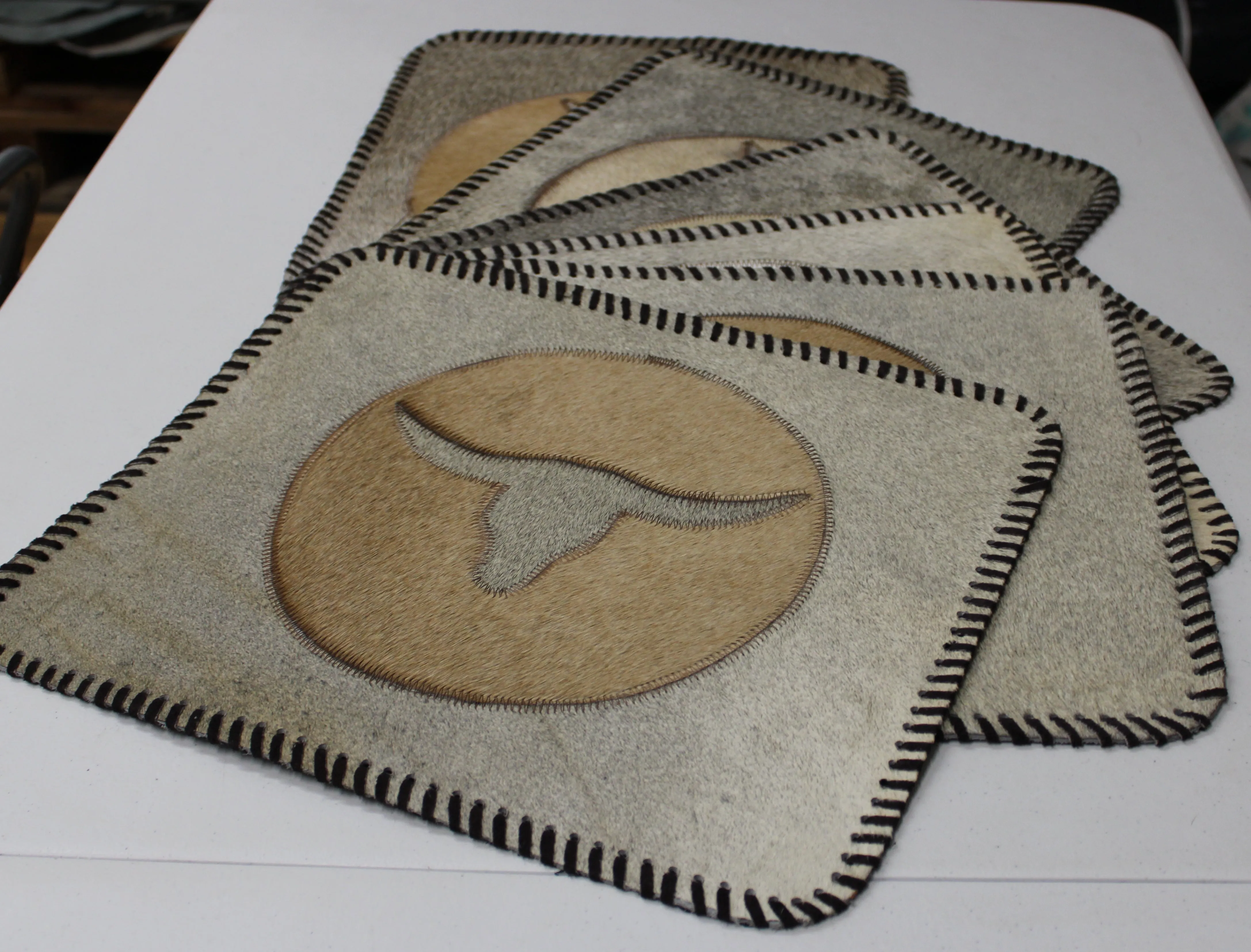 Light Gray & Tan Cowhide Placemats - Longhorn Design - 17"x14"- Single or in set of 2, 4 or 6