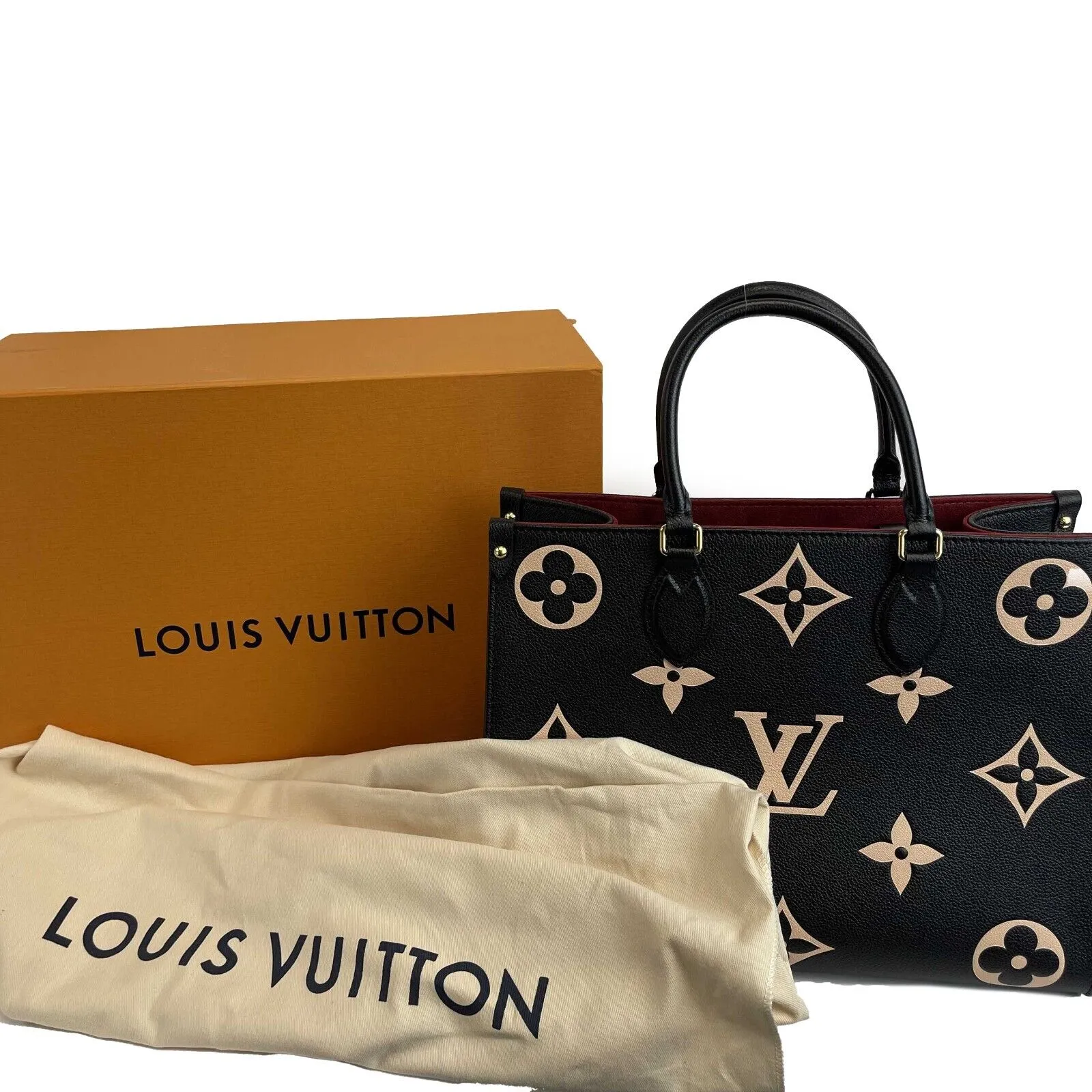 Louis Vuitton - NEW - On the go MM - Black/Beige Embossed Leather Tote w/ Strap