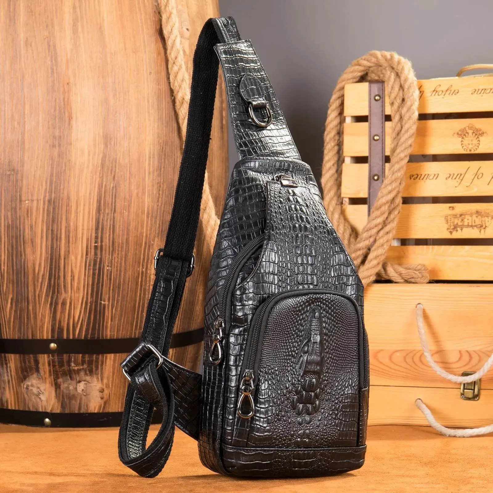 Luxury Men’s Leather Chest Bag Real Cowhide Crossbody Bag