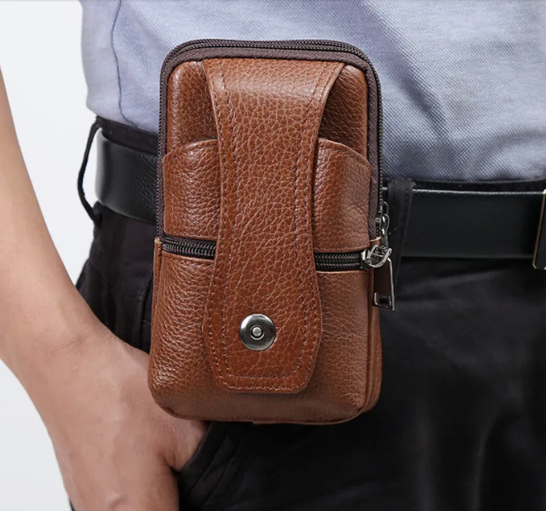 Men Cowhide Leather Waist Bag Large Capacity Belt Bag Brown Shoulder Bags Crossbody Bags Multi-layer Buckle Mobile Phone Bag Bum Pouch