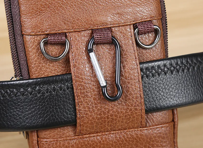 Men Cowhide Leather Waist Bag Large Capacity Belt Bag Brown Shoulder Bags Crossbody Bags Multi-layer Buckle Mobile Phone Bag Bum Pouch