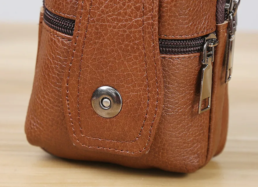 Men Cowhide Leather Waist Bag Large Capacity Belt Bag Brown Shoulder Bags Crossbody Bags Multi-layer Buckle Mobile Phone Bag Bum Pouch