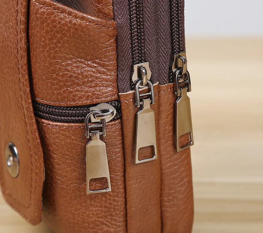 Men Cowhide Leather Waist Bag Large Capacity Belt Bag Brown Shoulder Bags Crossbody Bags Multi-layer Buckle Mobile Phone Bag Bum Pouch