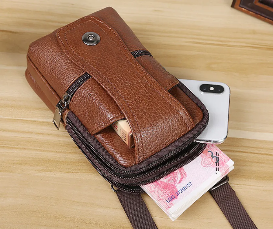 Men Cowhide Leather Waist Bag Large Capacity Belt Bag Brown Shoulder Bags Crossbody Bags Multi-layer Buckle Mobile Phone Bag Bum Pouch
